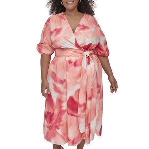 DKNY Womens Plus Size Cotton Puff-Sleeve Fit & Flare Dress 22W Watermelon - NWT